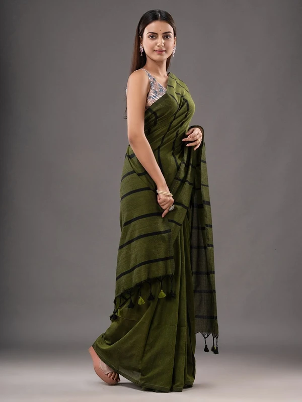 Handloom Solid Color Small Strips Saree - Cardin Green