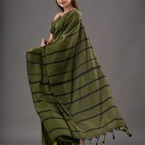 Handloom Solid Color Small Strips Saree - Cardin Green, Cotton, Cotton (CK)