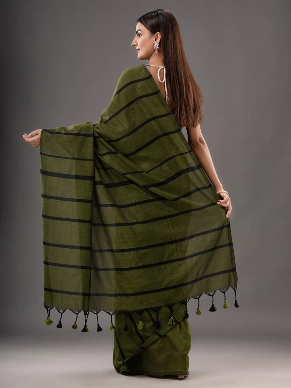 Handloom Solid Color Small Strips Saree - Cardin Green