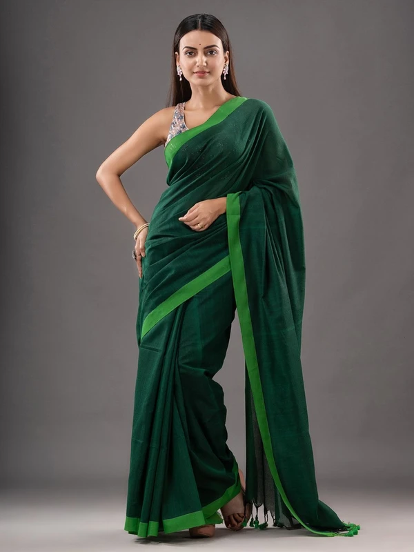 Handloom Solid Color Contrast Border Saree - Cardin Green, Cotton, Cotton (CK)