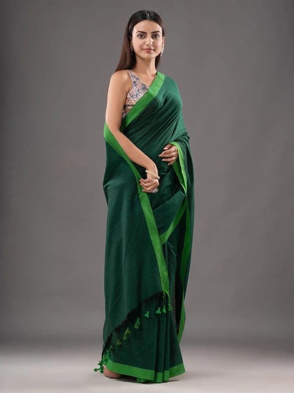 Handloom Solid Color Contrast Border Saree - Cardin Green, Cotton, Cotton (CK)