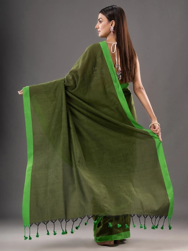 Handloom Solid Color Contrast Border Saree - Costa Del Sol, Cotton, Cotton (CK)