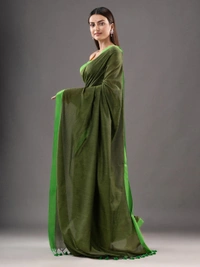 Handloom Contrast Border Saree - Dark Olive