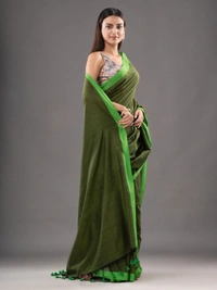 Handloom Contrast Border Saree - Dark Olive