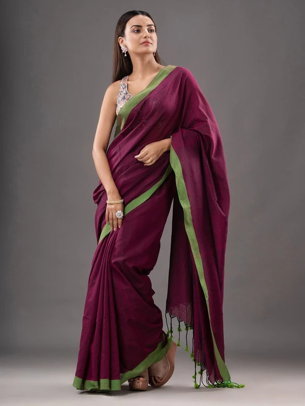 Handloom Contrast Border Saree - Rustic Maroon