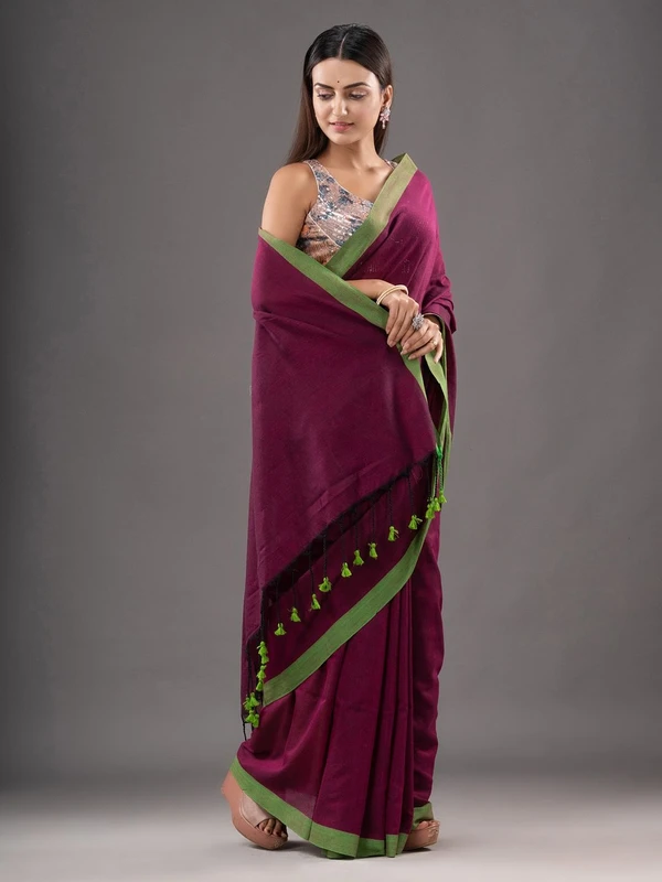 Handloom Contrast Border Saree - Rustic Red