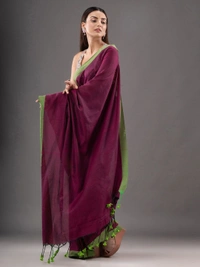Handloom Solid Color Contrast Border Saree - Rustic Red, Cotton, Cotton