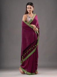 Handloom Solid Color Contrast Border Saree - Rustic Red, Cotton, Cotton