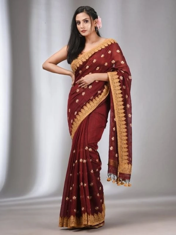 Handloom Woven Lace Border Saree - Red Berry