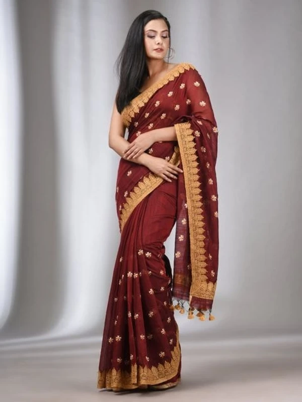 Handloom Woven Lace Border Saree - Red Berry