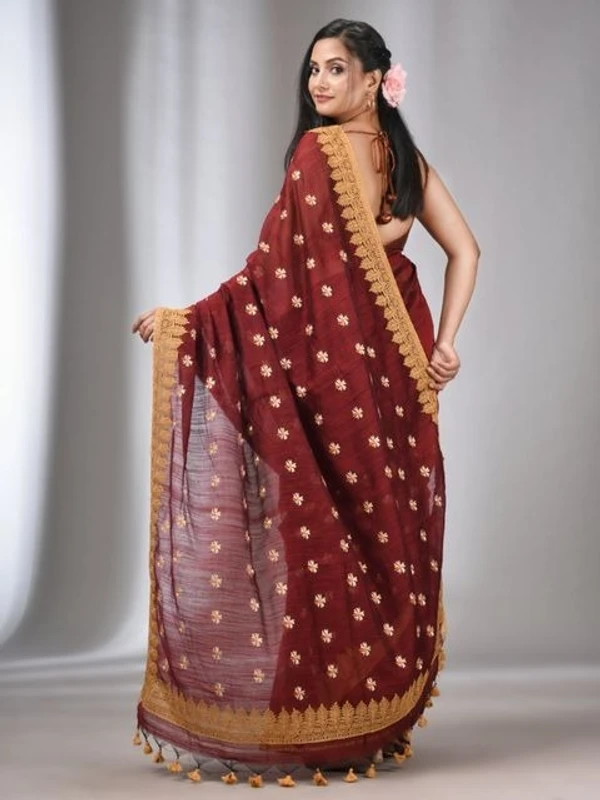 Handloom Woven Lace Border Saree - Red Berry