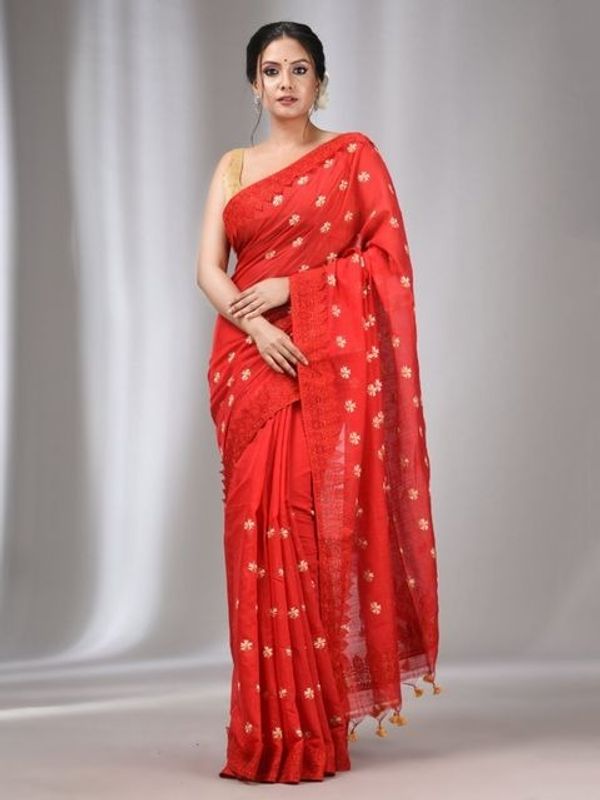 Handloom Woven Lace Border Saree - Red