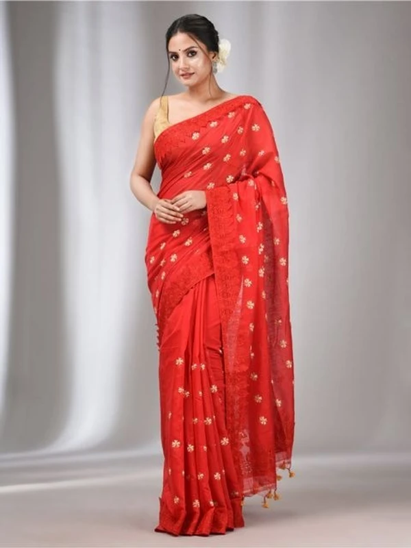 Handloom Woven Lace Border Saree - Red