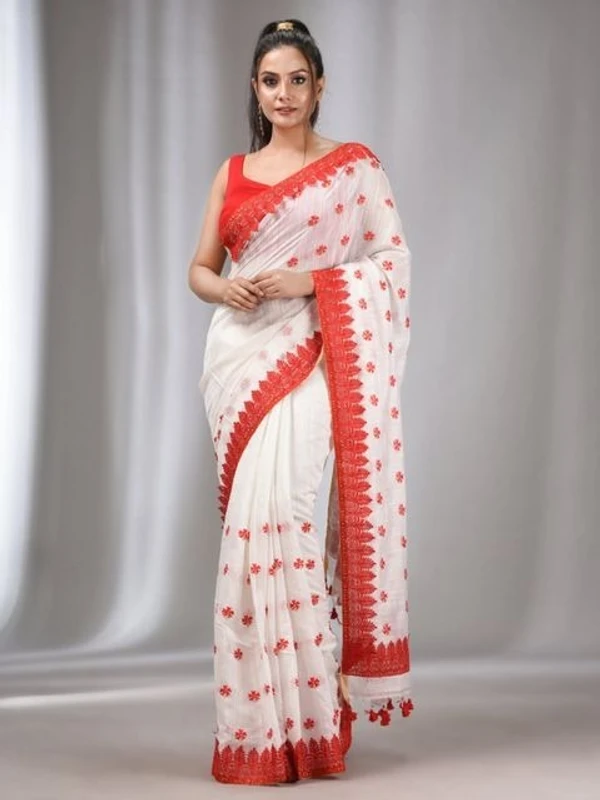 Handloom Woven Lace Border Saree - White