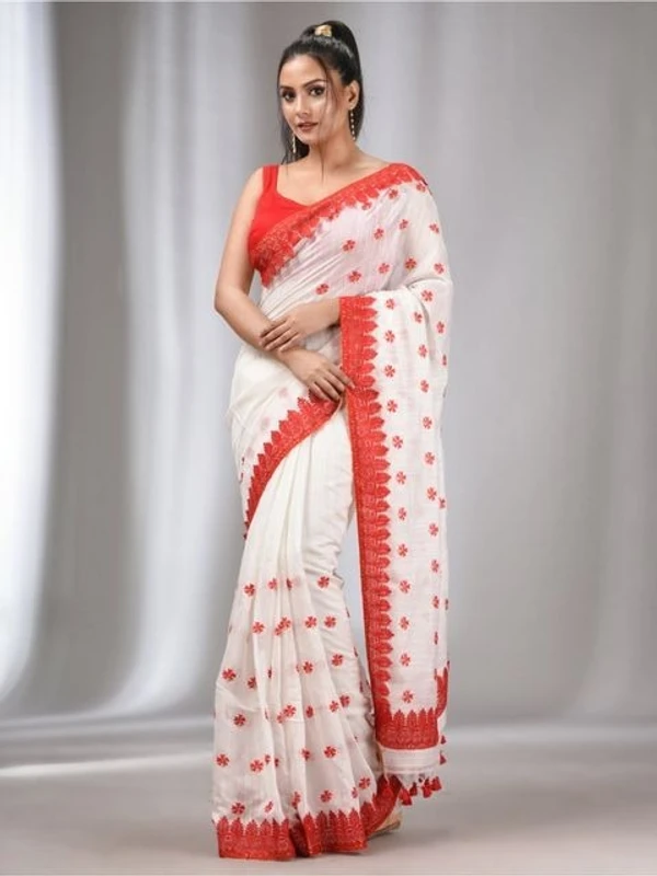 Handloom Woven Lace Border Saree - White