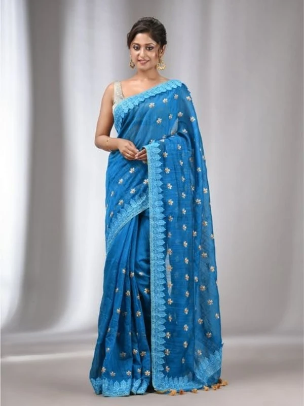 Handloom Woven Lace Border Saree - Seagull