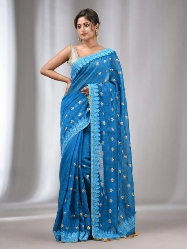 Handloom Woven Lace Border Saree - Seagull