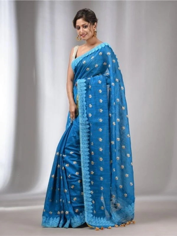 Handloom Woven Lace Border Saree - Seagull