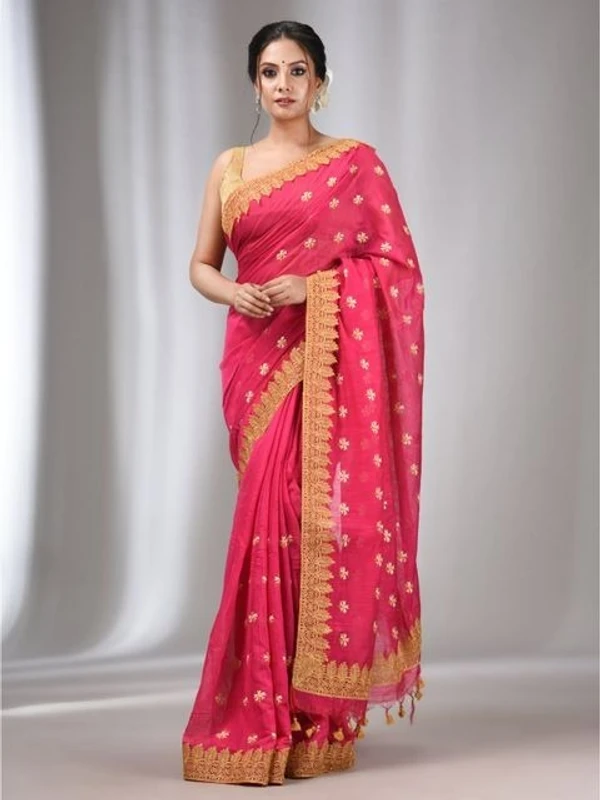 Handloom Woven Lace Border Saree - Torch Red