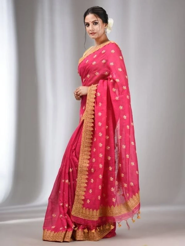 Handloom Woven Lace Border Saree - Torch Red