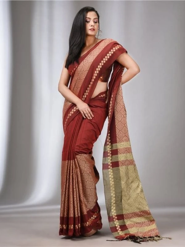 Handloom Contrast Woven Border Saree - Brown