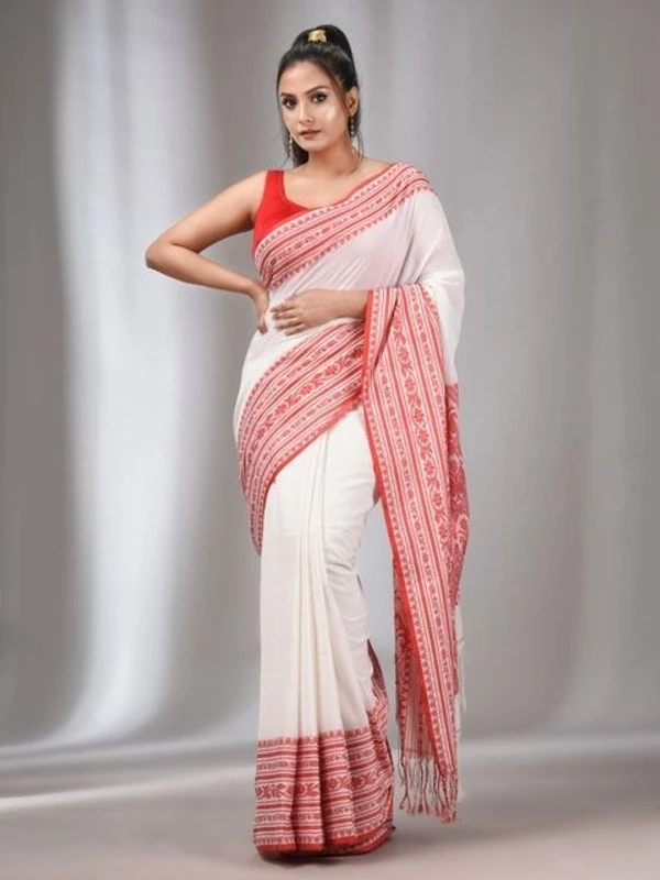 Handloom Ganga Jamuna Woven Border Saree - White & Red