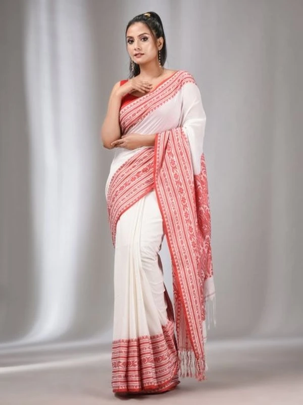 Handloom Ganga Jamuna Woven Border Saree - White & Red