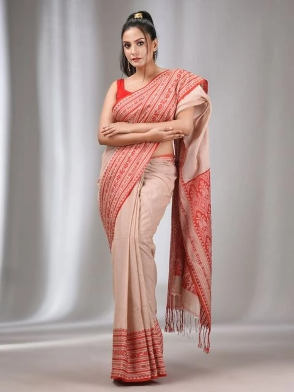 Handloom Ganga Jamuna Woven Border Saree - Apricot Peach