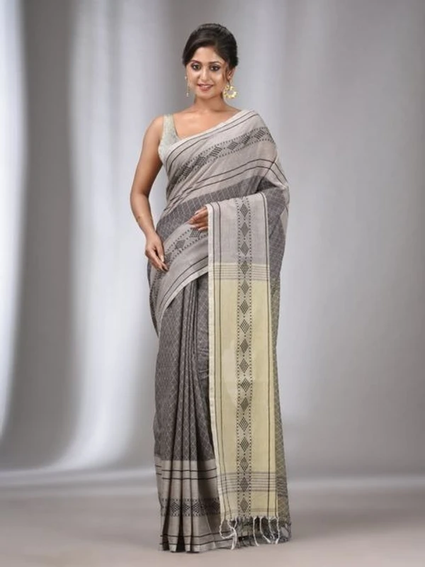 Handloom Ganga Jamuna Woven Border Saree - Silver