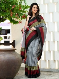 Handloom Contrast Woven Border Saree - Gray, Cotton, Cotton
