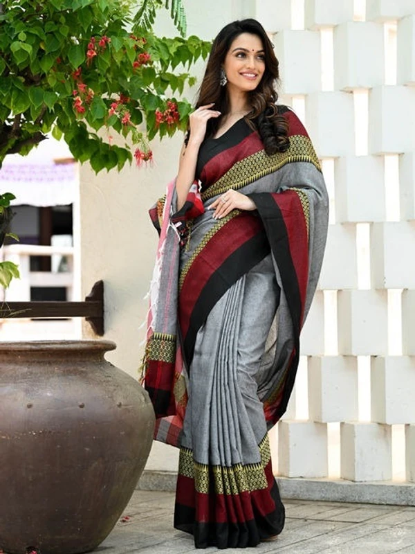 Handloom Contrast Woven Border Saree - Gray, Cotton, Cotton (CK)