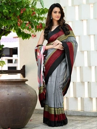 Handloom Contrast Woven Border Saree - Gray, Cotton, Cotton