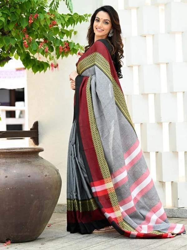 Handloom Contrast Woven Border Saree - Gray, Cotton, Cotton (CK)