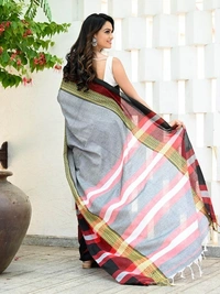Handloom Contrast Woven Border Saree - Gray, Cotton, Cotton