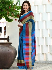 Handloom Contrast Woven Border Saree - Blue, Cotton, Cotton (CK)