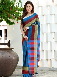 Handloom Contrast Woven Border Saree - Blue, Cotton, Cotton (CK)