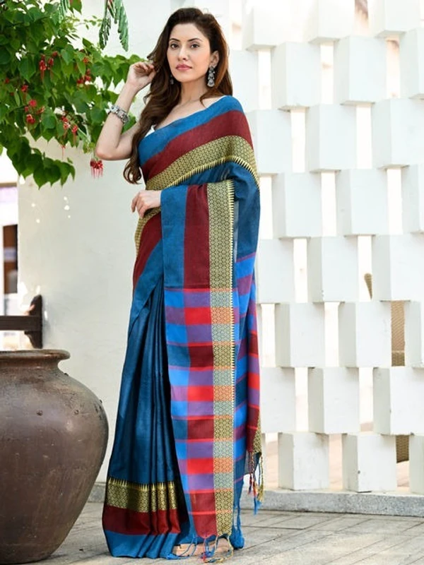 Handloom Contrast Woven Border Saree - Blue, Cotton, Cotton (CK)