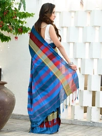 Handloom Contrast Woven Border Saree - Blue, Cotton, Cotton (CK)