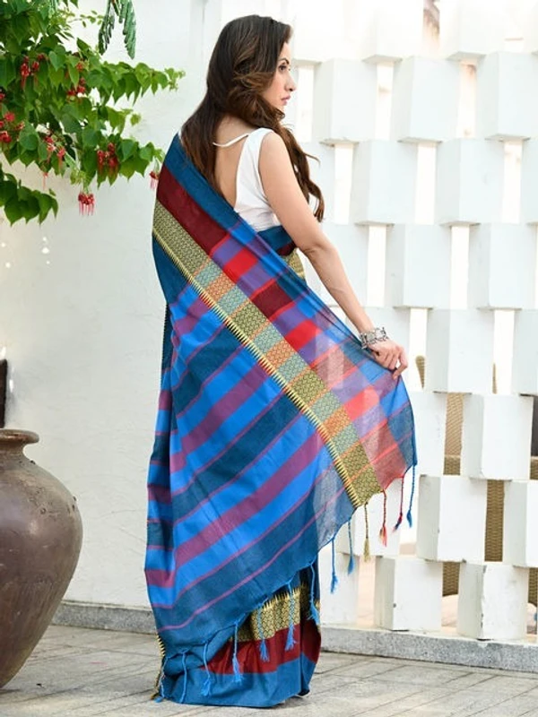 Handloom Contrast Woven Border Saree - Blue, Cotton, Cotton (CK)