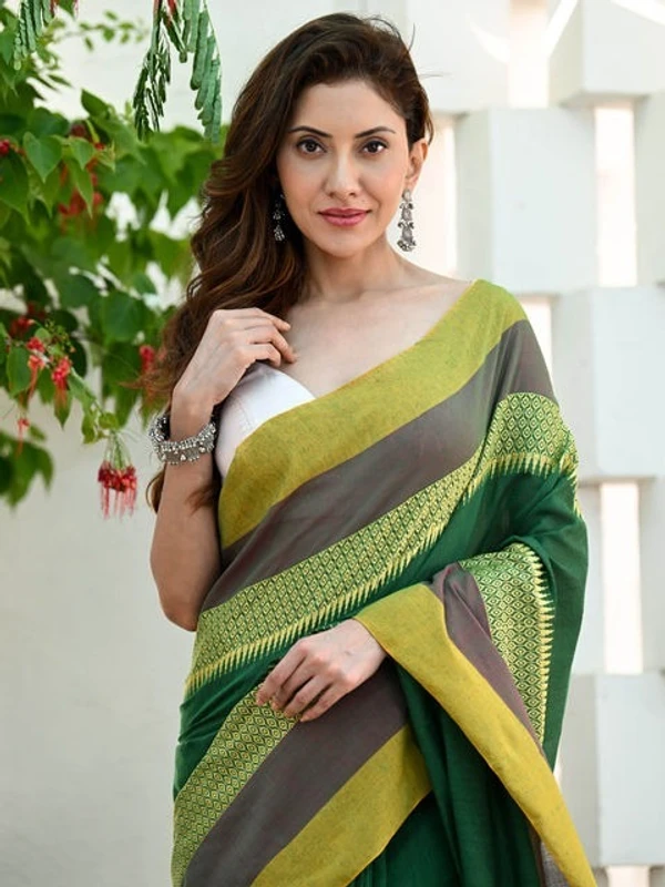 Handloom Contrast Woven Border Saree - Forest Green, Cotton, Cotton (CK)