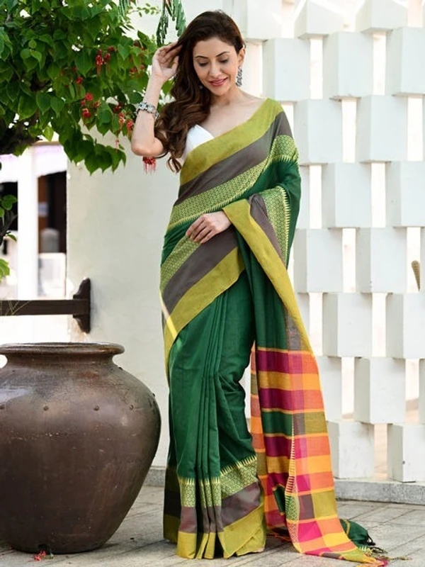 Handloom Contrast Woven Border Saree - Forest Green, Cotton, Cotton (CK)