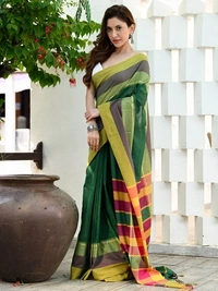 Handloom Contrast Woven Border Saree - Forest Green, Cotton, Cotton (CK)