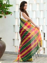 Handloom Contrast Woven Border Saree - Forest Green, Cotton, Cotton (CK)