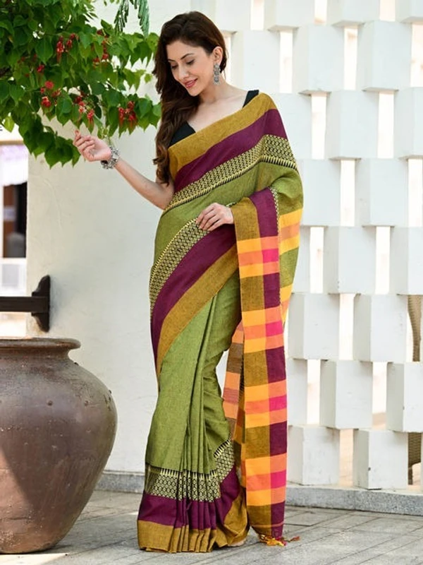 Handloom Contrast Woven Border Saree - Olive, Cotton, Cotton (CK)