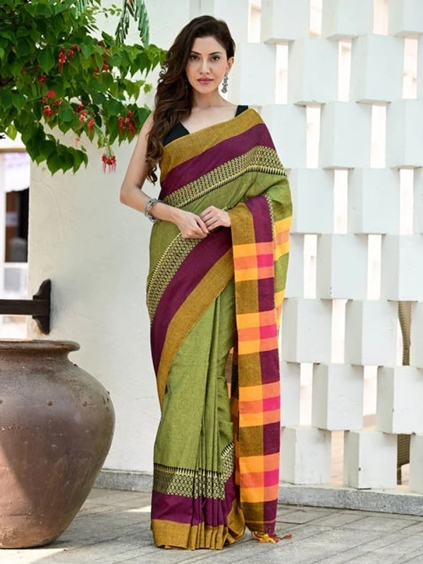 Handloom Contrast Woven Border Saree - Olive, Cotton, Cotton (CK)