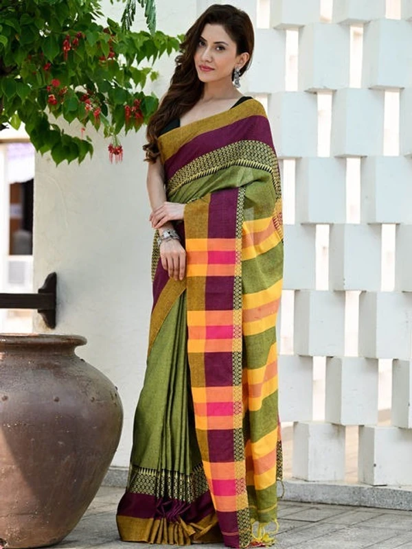 Handloom Contrast Woven Border Saree - Olive, Cotton, Cotton (CK)