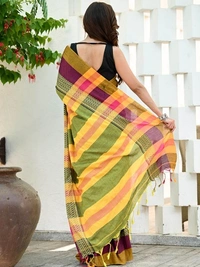 Handloom Contrast Woven Border Saree - Olive, Cotton, Cotton (CK)