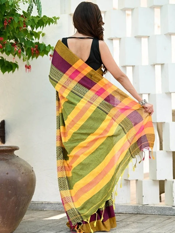 Handloom Contrast Woven Border Saree - Olive, Cotton, Cotton (CK)