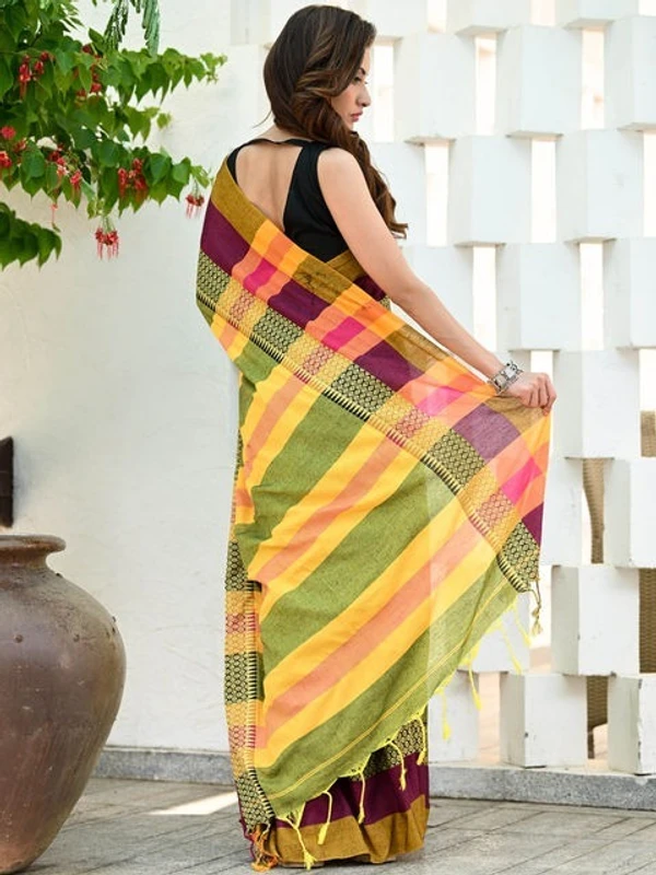 Handloom Contrast Woven Border Saree - Olive, Cotton, Cotton (CK)