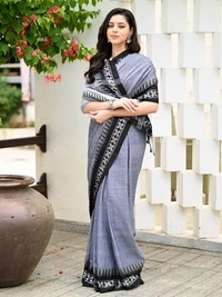 Handloom Cross Woven Border Saree - Silver, Cotton, Cotton